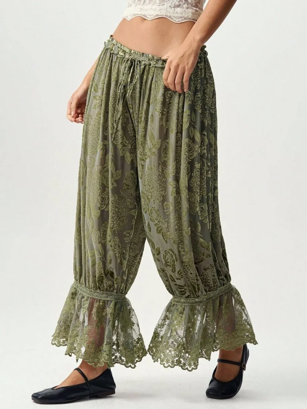 Green Casual Women's Boho Drawstring Waist Floral Lace Patchwork Long Pants